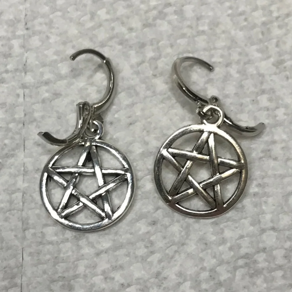 Gothic Pagan Silver Pentagram Pentacle Handmade Hoop Earrings, Encircled Stars - Picture 11 of 12